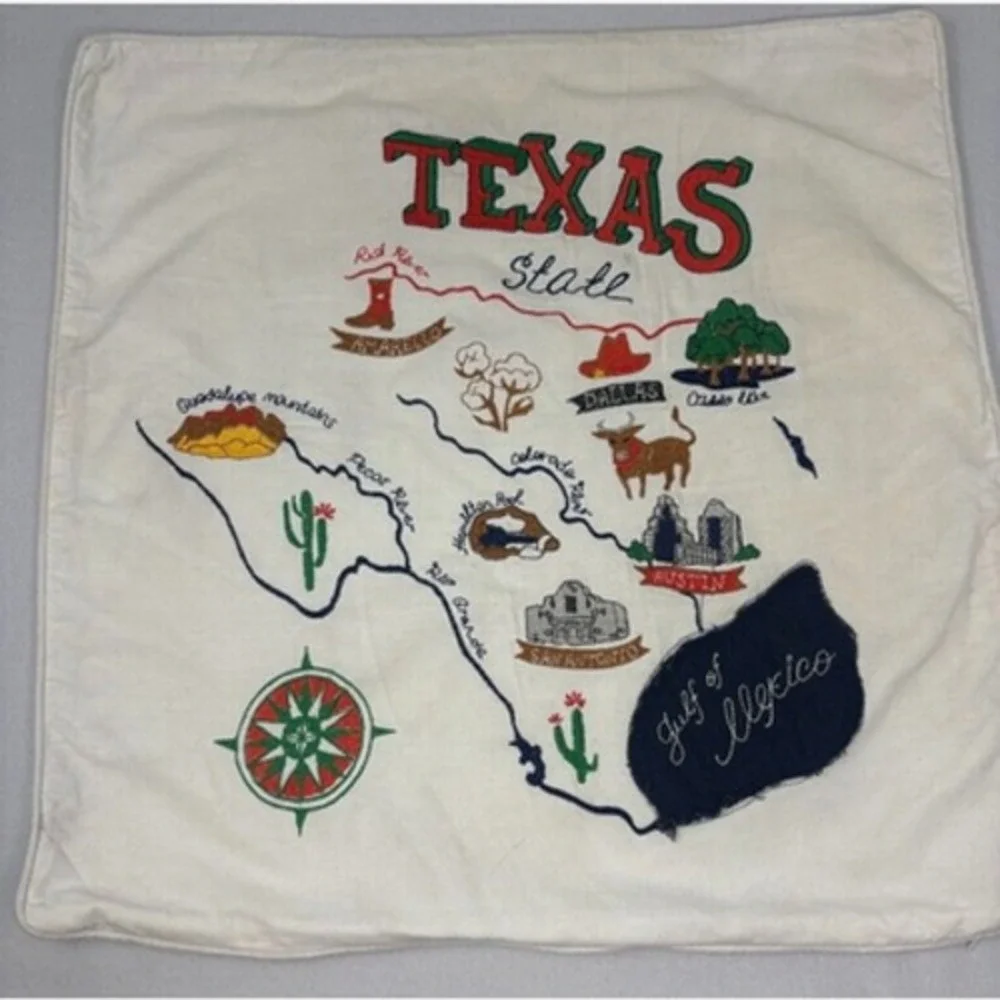 Texas State Map Pillow‎ Cover Embroidered Alamo Pecos River Boot Western